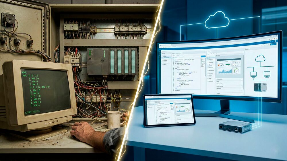 Representação de um ambiente de controle legado ao lado de aplicações digitais industriais.