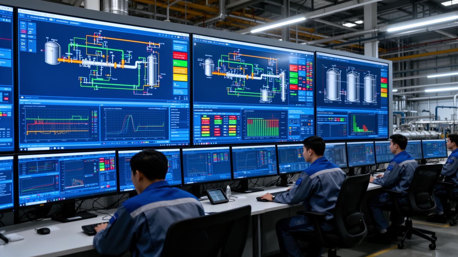 Telas de supervisão e gráficos de processo em um ambiente industrial.