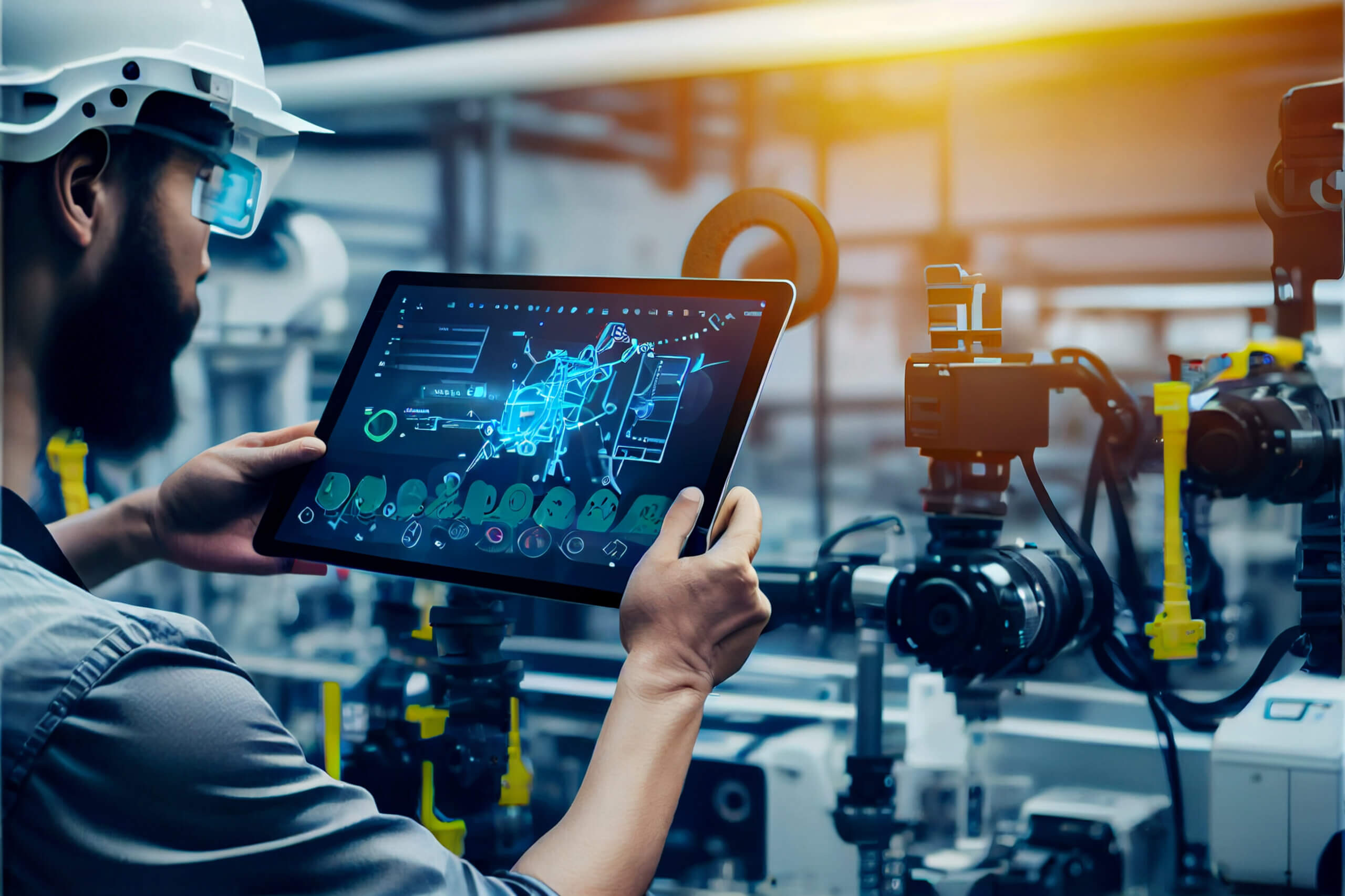 Profissional no ambiente industrial utilizando um tablet próximo aos equipamentos.